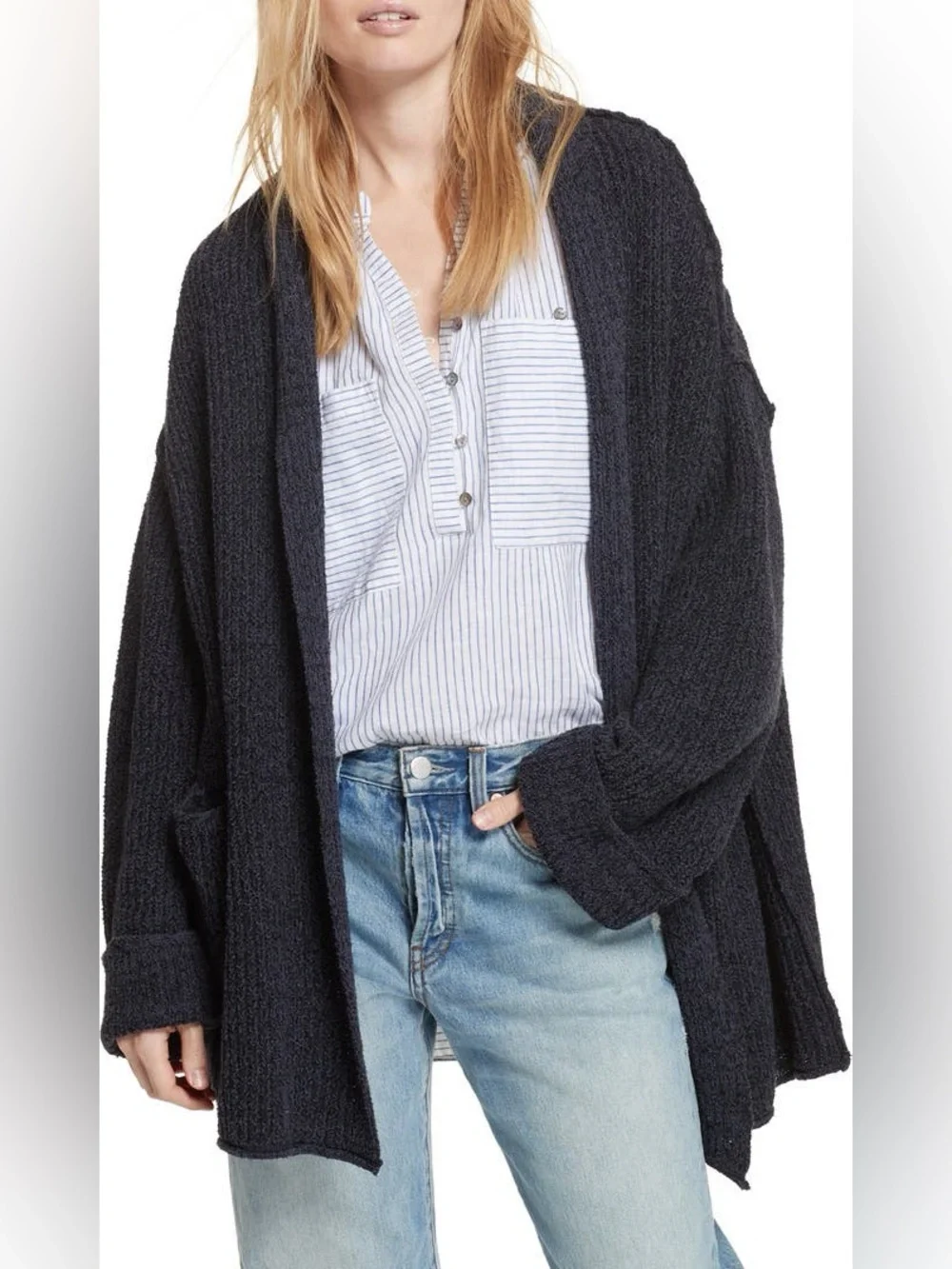 Free People Low Tide Cardigan Navy Blue Knit Open Pocket